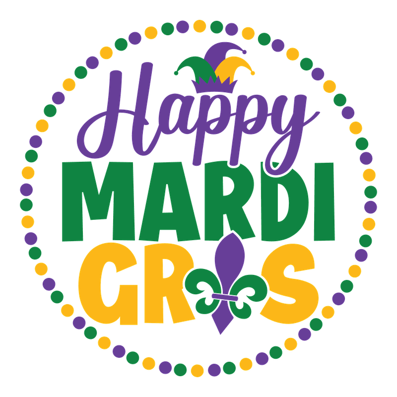 Celebrate Mardi Gras with this vibrant design featuring playful text, colorful beads, and a festive jester hat!DTF Transfers