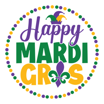 Celebrate Mardi Gras with this vibrant design featuring playful text, colorful beads, and a festive jester hat!DTF Transfers