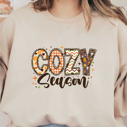 Warm and festive "Cozy Season" design featuring playful patterns in autumn colors, perfect for celebrating fall vibes!