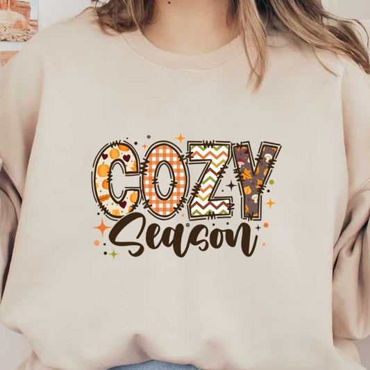 Warm and festive "Cozy Season" design featuring playful patterns in autumn colors, perfect for celebrating fall vibes!