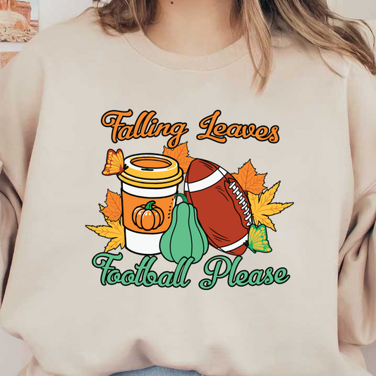 ¡Celebre el otoño con este diseño vibrante que presenta hojas caídas, una taza de café, una pelota de fútbol y calabazas coloridas!