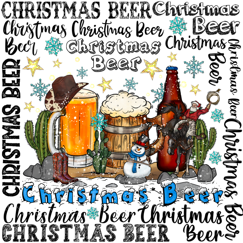 Celebrate the season with this festive "Christmas Beer" design featuring a cowboy, beer, and whimsical winter elements!DTF Transfers dtf prints