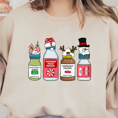 A whimsical collection of festive medicine bottles, featuring flavors like Spiced Vanilla, Peppermint Mocha, Hazelnut, and Apple Crisp.DTF Transfers