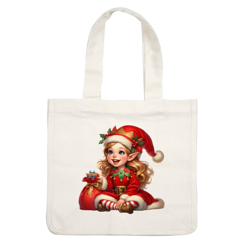 A cheerful elf girl in a vibrant red and green outfit, holding a gift and sitting by a festive bag.DTF Transfers dtf transfers