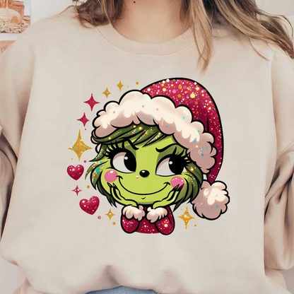 A cheerful, cartoonish green character in a festive Santa hat, adorned with sparkles and hearts, exuding joy and holiday spirit.DTF Transfersdtf regular iron