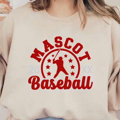 Un logotipo vibrante con temática de béisbol que incluye la palabra "Mascota", un jugador balanceando un bate y detalles de estrellas, perfecto para un evento deportivo. Transferencias DTF