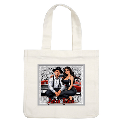 A vibrant artwork featuring a stylish couple dressed in black and white, set against a classic car backdrop and floral patterns. heat press transfers