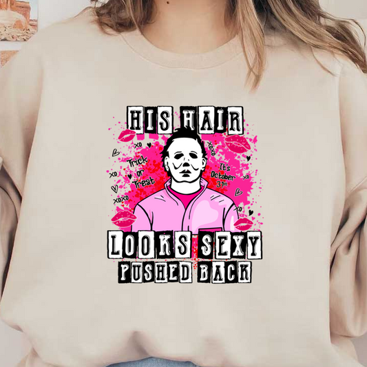 A vibrant illustration featuring a character with pushed-back hair, surrounded by kisses and playful text emphasizing his stylish look. heat press transfers