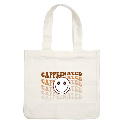 Un diseño divertido y alegre que presenta la palabra "Caffeinated" con una cara de grano de café sonriente, ¡perfecto para los amantes del café!