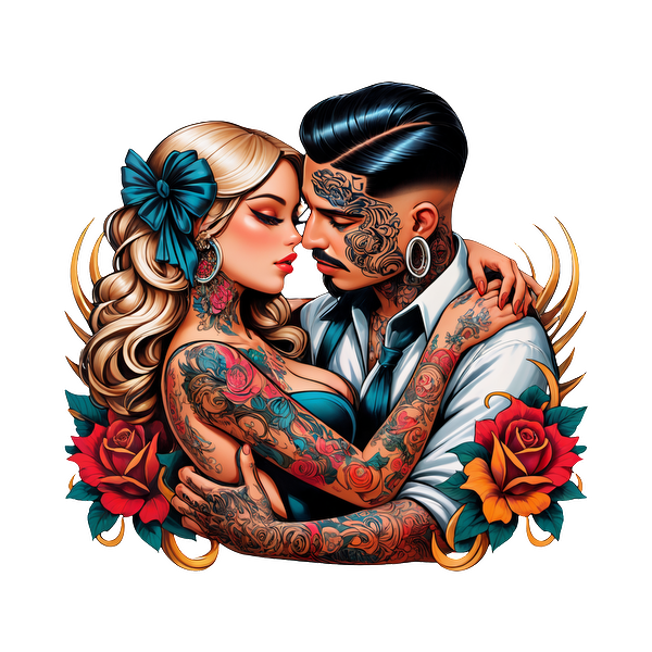 Una representación artística del tatuaje de una pareja romántica abrazándose, que muestra diseños florales vibrantes y un intrincado arte corporal. Transferencias DTF