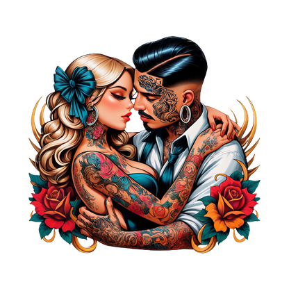 Una representación artística del tatuaje de una pareja romántica abrazándose, que muestra diseños florales vibrantes y un intrincado arte corporal. Transferencias DTF