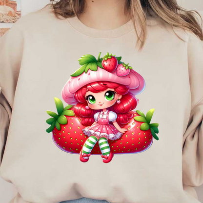 This whimsical, vibrant illustration features a cute girl with strawberry-themed attire, sitting against oversized strawberries with green leaves.DTF Transfers