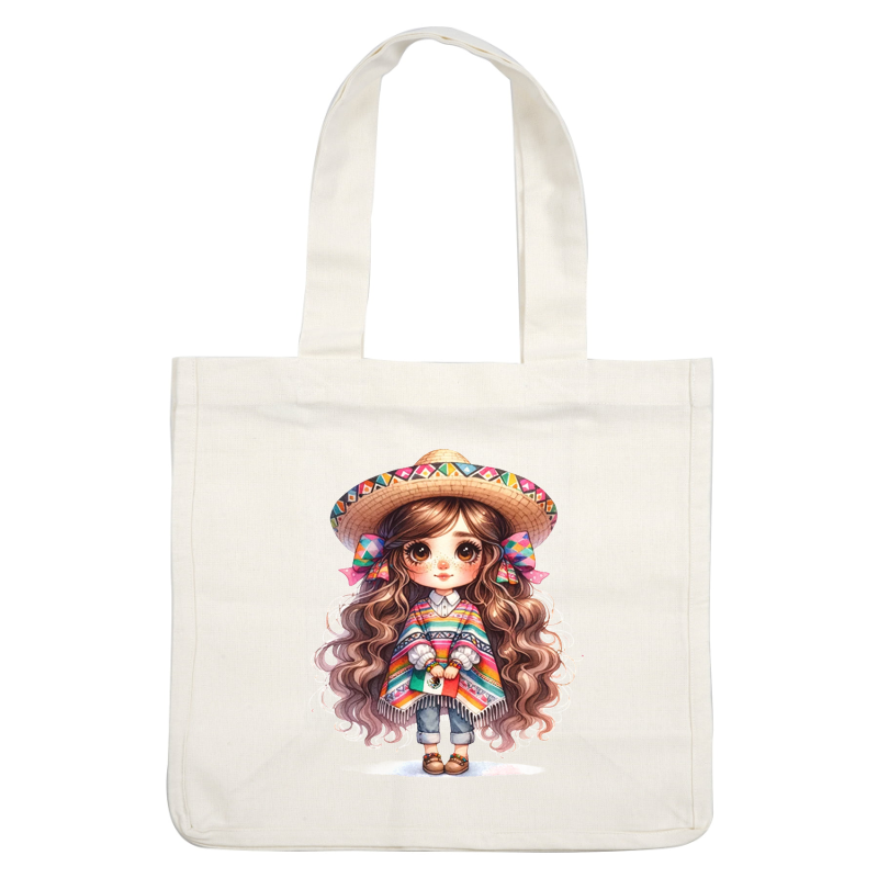 A cute girl in a colorful poncho and sombrero holds a Mexican flag, showcasing vibrant traditional attire. dtf prints