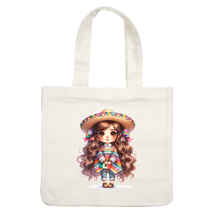 A cute girl in a colorful poncho and sombrero holds a Mexican flag, showcasing vibrant traditional attire. dtf prints