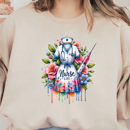 A vibrant "Nurse Life" graphic featuring a floral dress, stethoscope, and syringe, celebrating the spirit of nursing.DTF Transfers