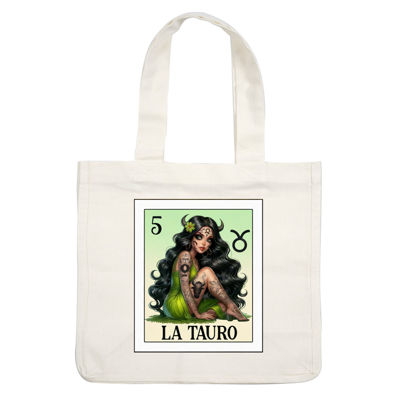 A stylish illustration featuring a tattooed woman in a flowing green dress, representing Taurus with elaborate details and vibrant hair. dtf prints