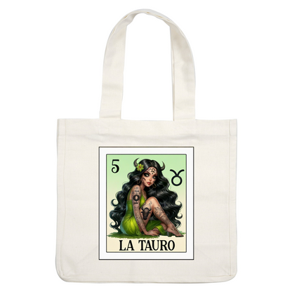 A stylish illustration featuring a tattooed woman in a flowing green dress, representing Taurus with elaborate details and vibrant hair. dtf prints