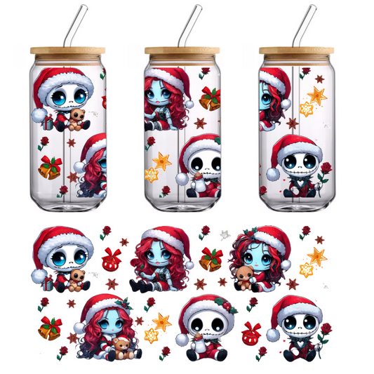 Festive illustrations of charming skeleton and doll characters in Santa hats, surrounded by holiday decorations and gifts.UV Transfers heat press transfers