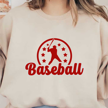 Un logotipo llamativo con temática de béisbol que presenta la silueta de un jugador y estrellas, con la palabra "Béisbol" destacada en rojo. Transferencias DTF