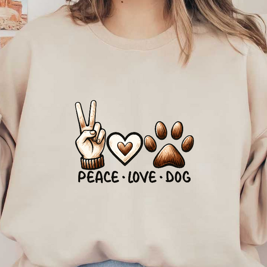 A graphic showing a peace hand sign, heart, and dog paw print.DTF Transfers