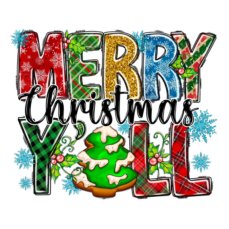 Celebrate the season with this festive "Merry Christmas Y’all" design featuring colorful letters and a delightful decorated Christmas tree.DTF Transfers dtf prints