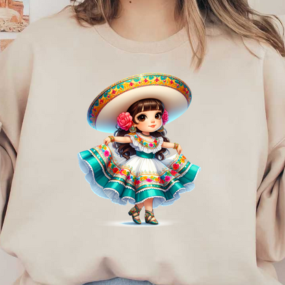 Una encantadora joven con un vibrante vestido tradicional mexicano, adornado con coloridos patrones florales y un gran sombrero.