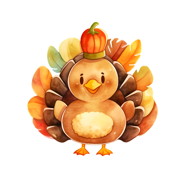 A cute, cartoon turkey wearing a pumpkin hat, with colorful feather plumage, perfect for a festive fall celebration! dtf transfers