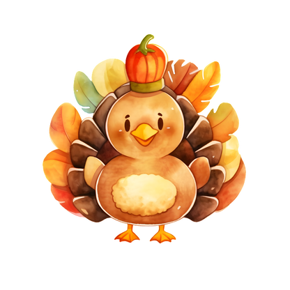 A cute, cartoon turkey wearing a pumpkin hat, with colorful feather plumage, perfect for a festive fall celebration! dtf transfers