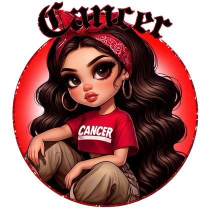 Una elegante ilustración de una chica con cabello largo, vestida con una camiseta roja con la palabra "CÁNCER" y un pañuelo, y que irradia confianza.