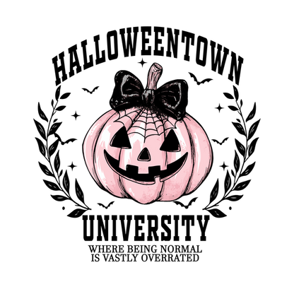 Una encantadora calabaza rosa adornada con un lazo negro y un diseño de telaraña, perfecta para las festividades de Halloween.