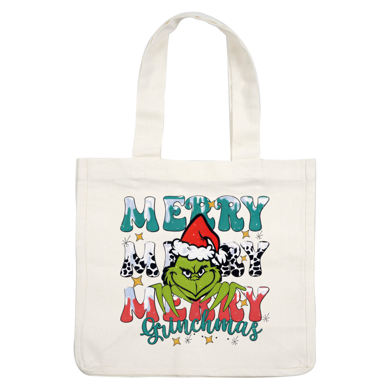 Celebre las fiestas con este divertido diseño "Merry Grinchmas" que presenta un travieso Grinch con un festivo gorro de Papá Noel. Transferencias DTF