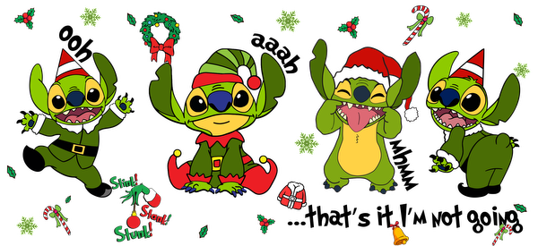 A festive collection of Stitch characters dressed in joyful holiday outfits, showcasing their playful spirit with fun seasonal accessories.UV Transfersdtf regular iron