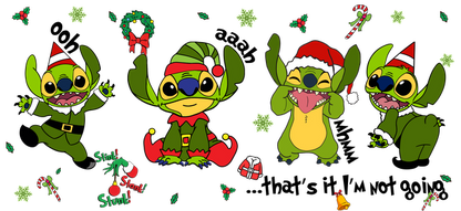 A festive collection of Stitch characters dressed in joyful holiday outfits, showcasing their playful spirit with fun seasonal accessories.UV Transfersdtf regular iron