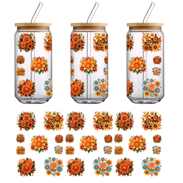 A vibrant collection of floral illustrations featuring orange, yellow, and blue blooms in various shapes and sizes.UV Transfers heat press transfers