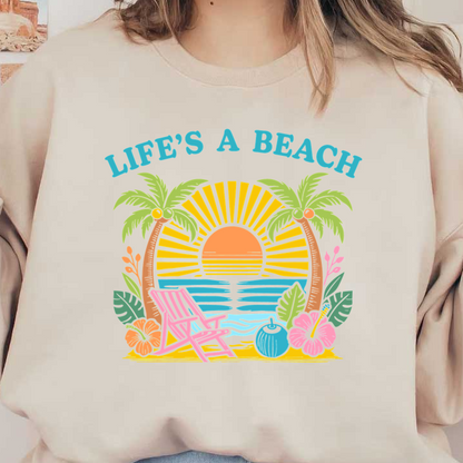 "Bright and fun beach-themed artwork with palm trees, sun, and a chair."DTF Transfers