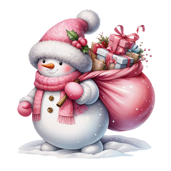 A cheerful snowman in a pink hat and scarf carries a sack filled with colorful gifts, spreading holiday joy. dtf transfers