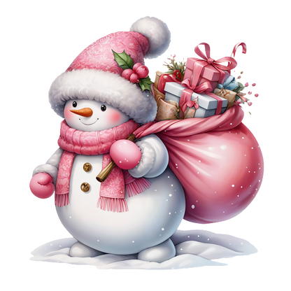 A cheerful snowman in a pink hat and scarf carries a sack filled with colorful gifts, spreading holiday joy. dtf transfers