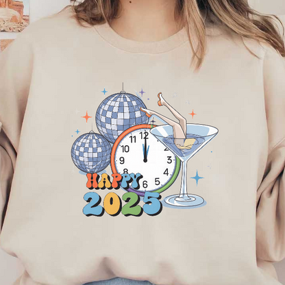 Celebrate New Year's 2025 with a festive design featuring disco balls, a clock, and a whimsical martini glass!DTF Transfers