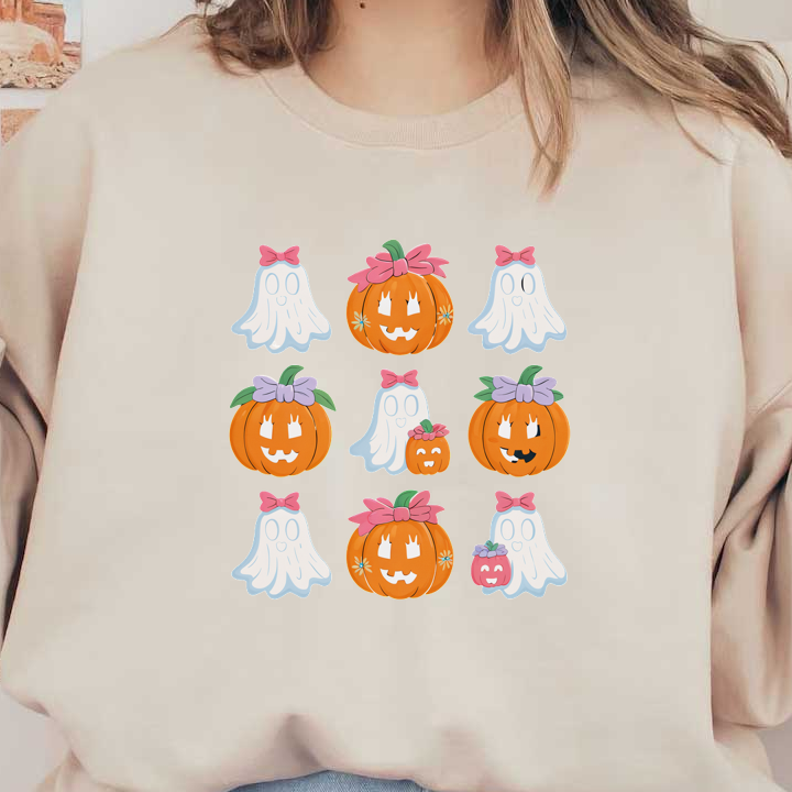 Un divertido conjunto con temática de Halloween que presenta lindos fantasmas y calabazas adornadas con moños, perfecto para decoraciones de temporada.