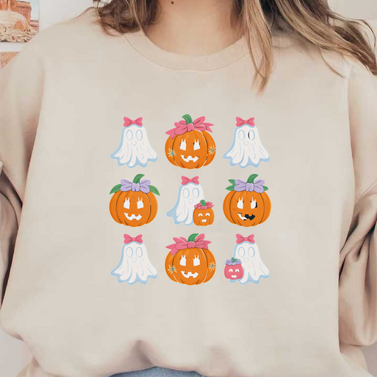 Un divertido conjunto con temática de Halloween que presenta lindos fantasmas y calabazas adornadas con moños, perfecto para decoraciones de temporada.