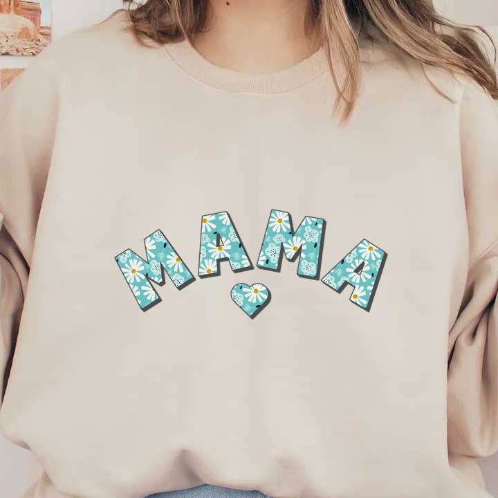 Colorful and charming floral letters spell out "MAMA," featuring daisies and a heart design, perfect for celebrating motherhood. dtf transfers