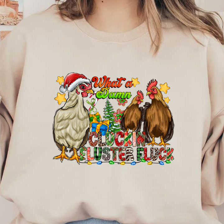 Celebrate the festive spirit with this fun, colorful graphic featuring chickens in Santa hats and vibrant holiday decorations!DTF Transfers dtf prints