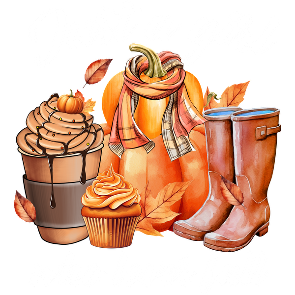 A charming fall-themed design featuring a pumpkin, cozy boots, desserts, and a cozy scarf, celebrating autumn vibes. dtf prints