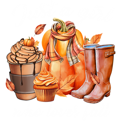 A charming fall-themed design featuring a pumpkin, cozy boots, desserts, and a cozy scarf, celebrating autumn vibes. dtf prints