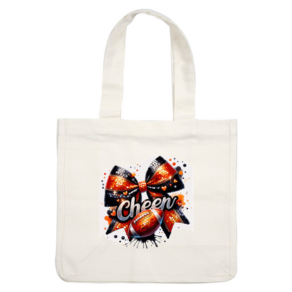 A vibrant cheerleading design featuring a glossy black and orange bow, accented with a football and the word "Cheer."DTF Transfersdtf regular iron