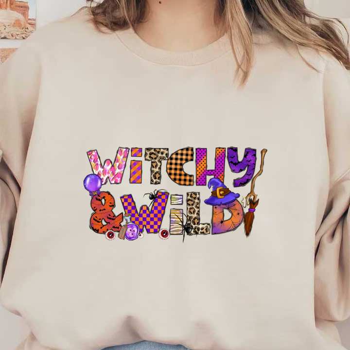 Celebrate the festive spirit with this colorful Halloween-themed design featuring the playful phrase "Witchy & Wild" and whimsical elements!DTF Transfersdtf regular irondtf regular iron