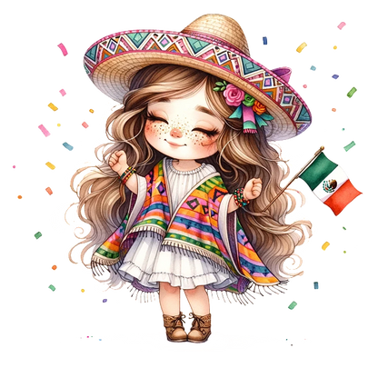 A cheerful girl in a colorful poncho and sombrero, holding a Mexican flag, celebrating with festive spirit. dtf transfers