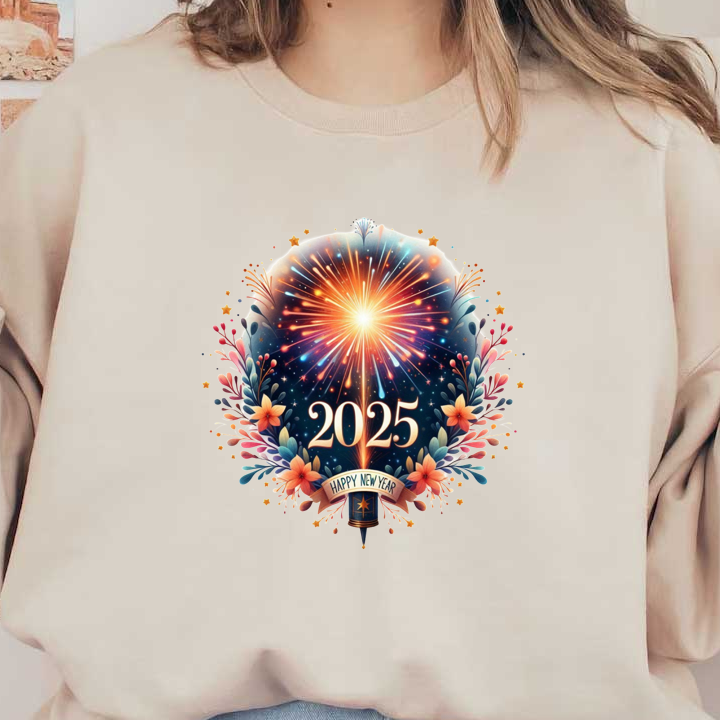 Celebrate the arrival of 2025 with this vibrant New Year graphic featuring fireworks and floral designs!DTF Transfers