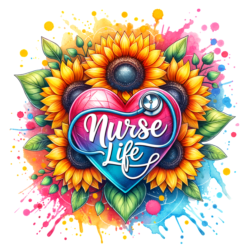 A vibrant design featuring a heart shape with the words "Nurse Life," surrounded by sunflowers and colorful splashes, celebrating nursing.DTF Transfers