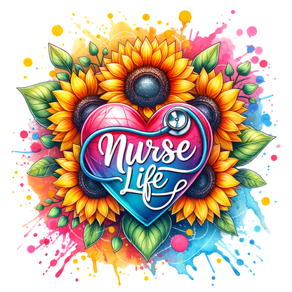 A vibrant design featuring a heart shape with the words "Nurse Life," surrounded by sunflowers and colorful splashes, celebrating nursing.DTF Transfers